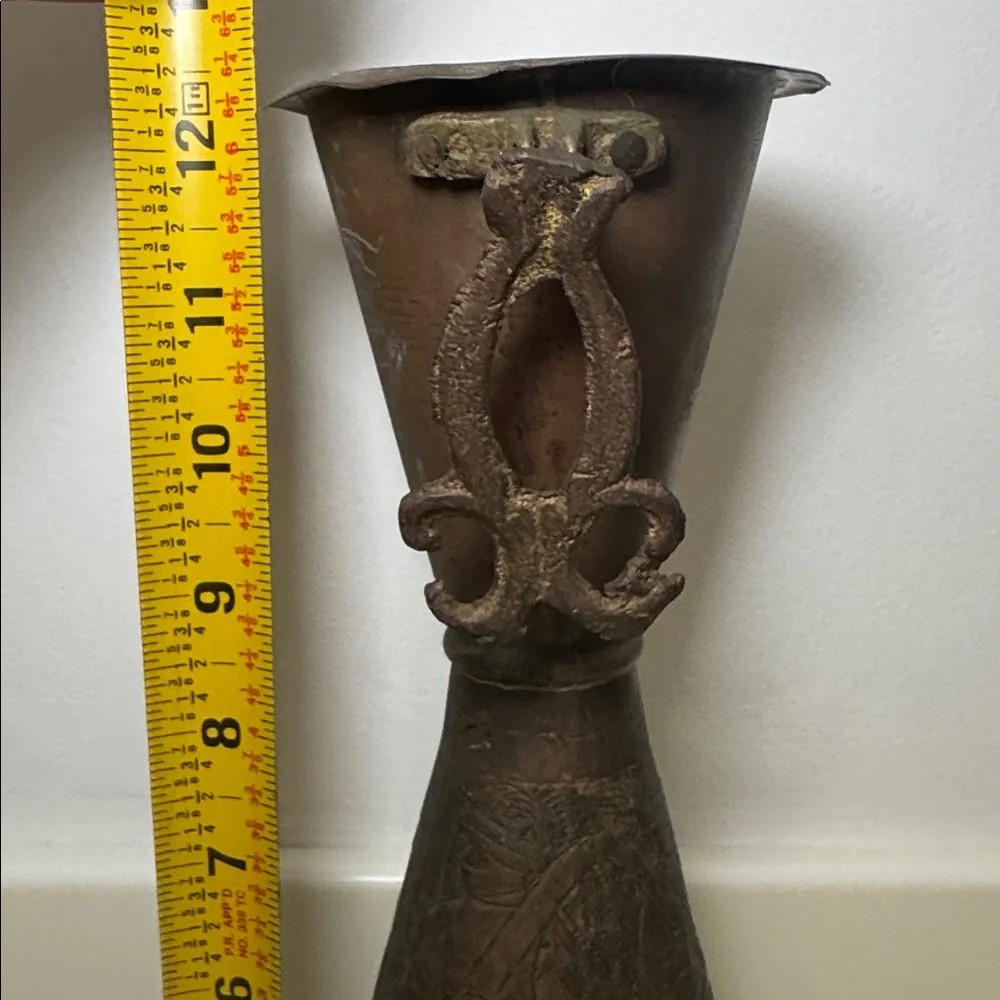 Vintage Middle Eastern Etched Brass or Copper Vase with Dragon Handles